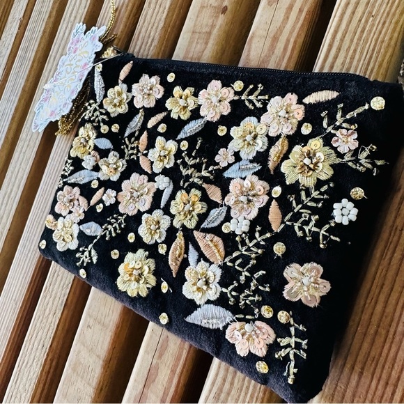 India Black Velvet Floral Embroidery Beaded Zipper Makeup Bag Coin Purse Boho - Picture 9 of 10